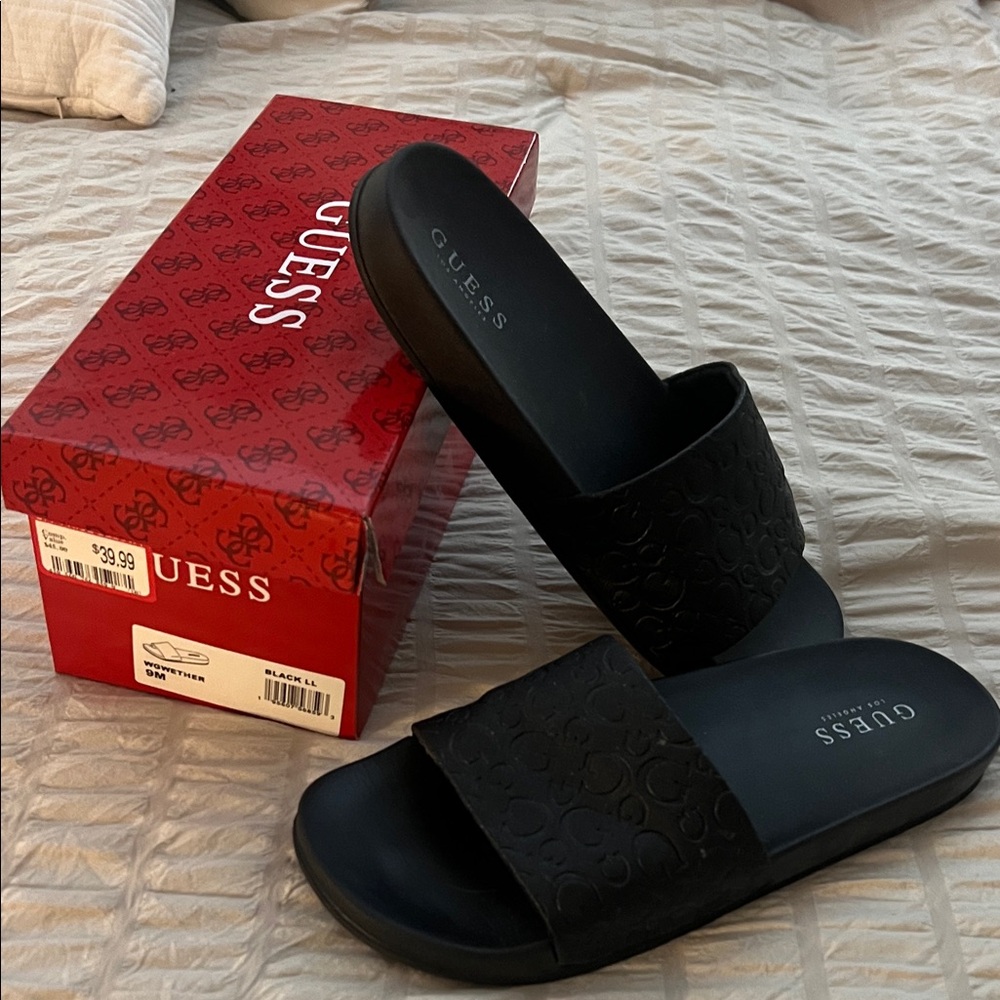 GUESS Black Embossed Logo Slide Sandals